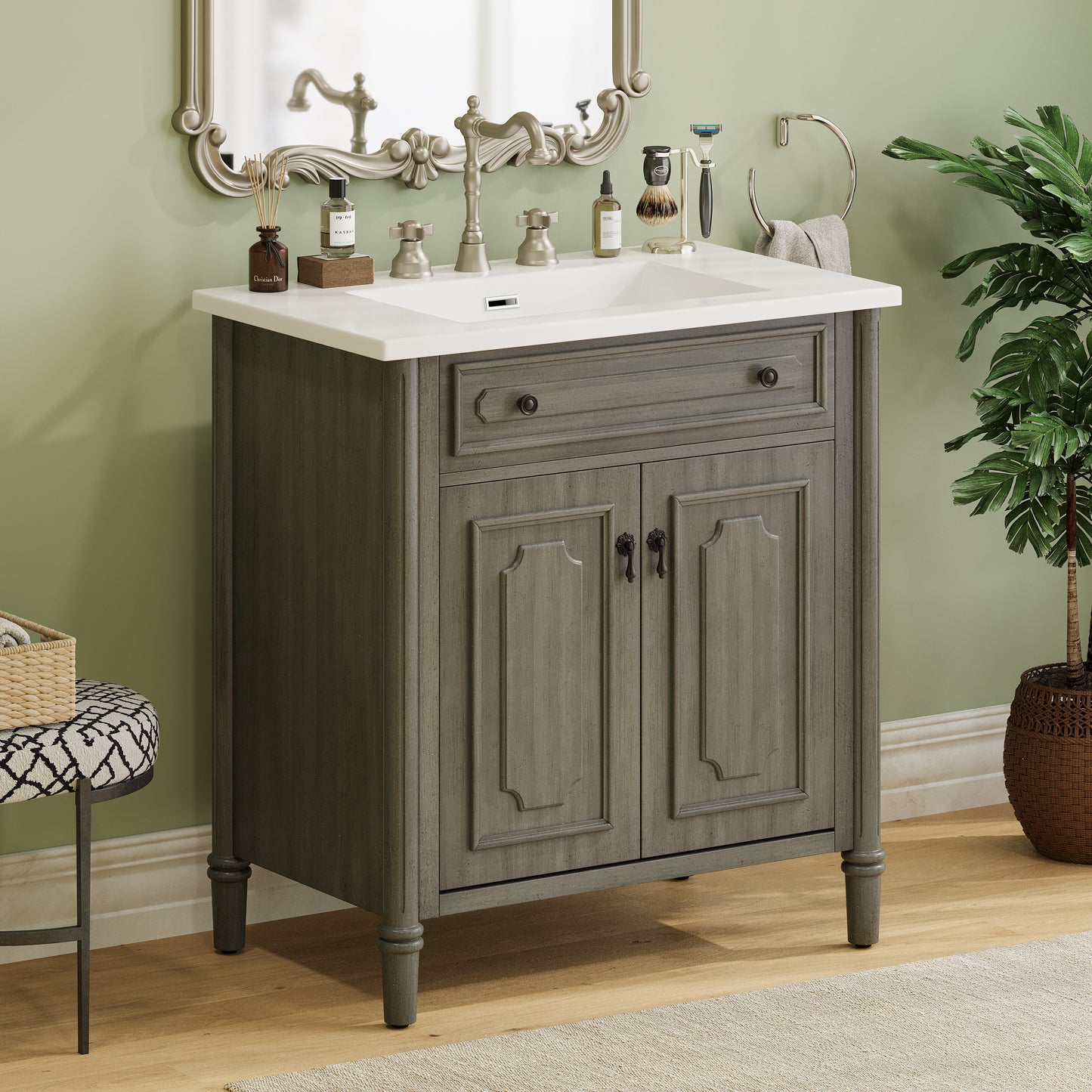 30-Inch Vintage Bathroom Vanity with Sink - Rustic Gray Cabinet
