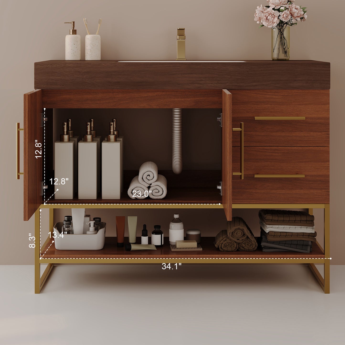 36" Modern Free-Standing Bathroom Vanity with Ceramic Sink & Stone Top - Gold, Walnut, White
