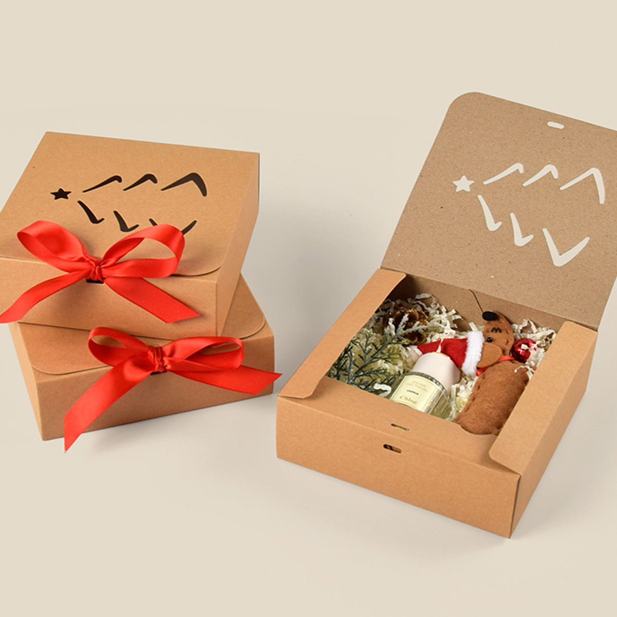 10 Pack Christmas Gift Boxes - Khaki Paper, 16x16cm