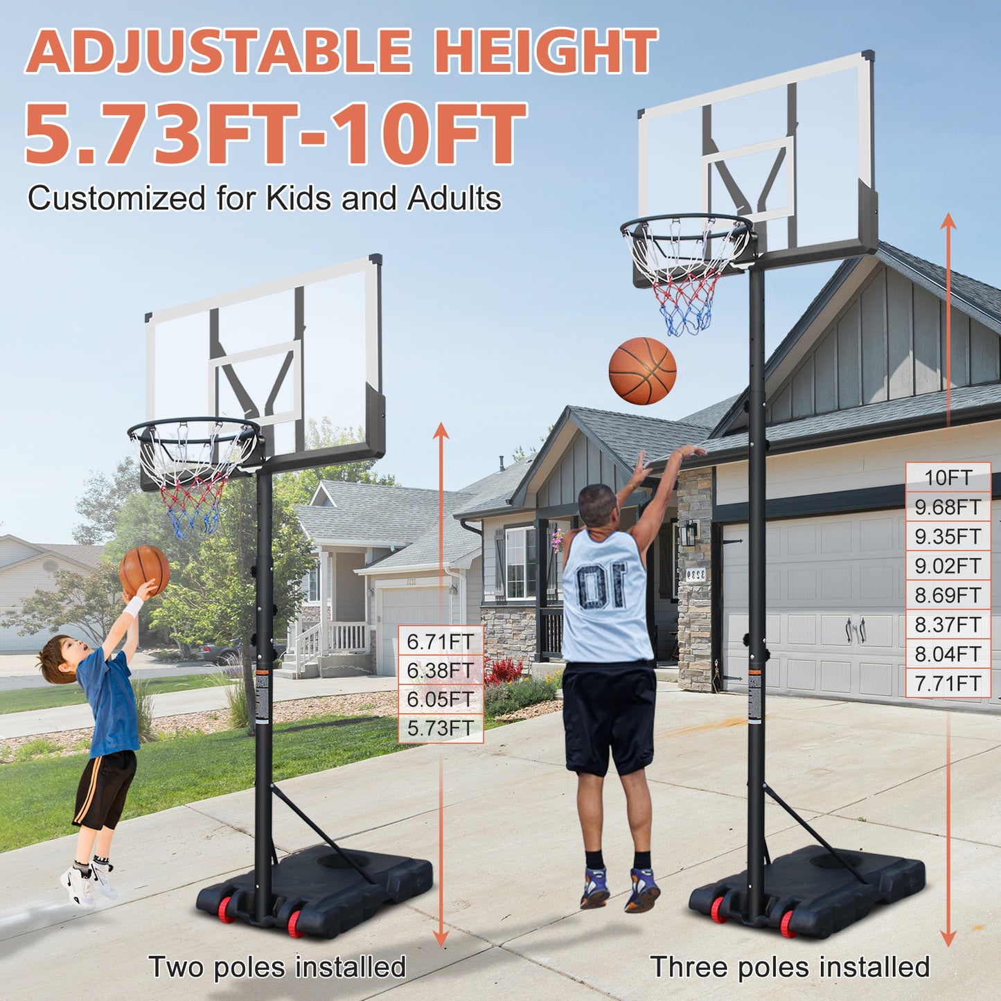 Height Adjustable Portable Basketball Hoop - 5.73-10FT with Wheels