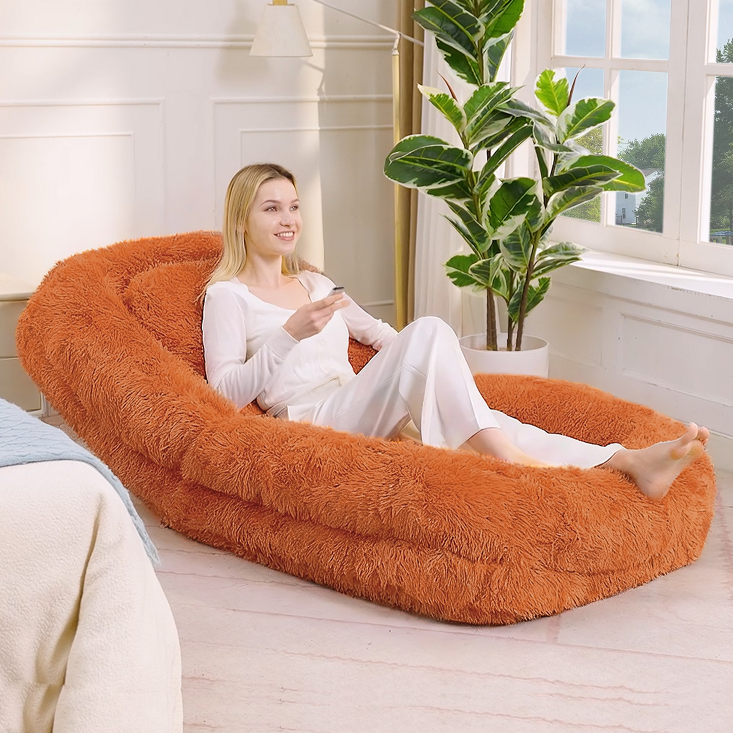 Adjustable Human Dog Bed & Lazy Sofa - Orange Plush Fabric