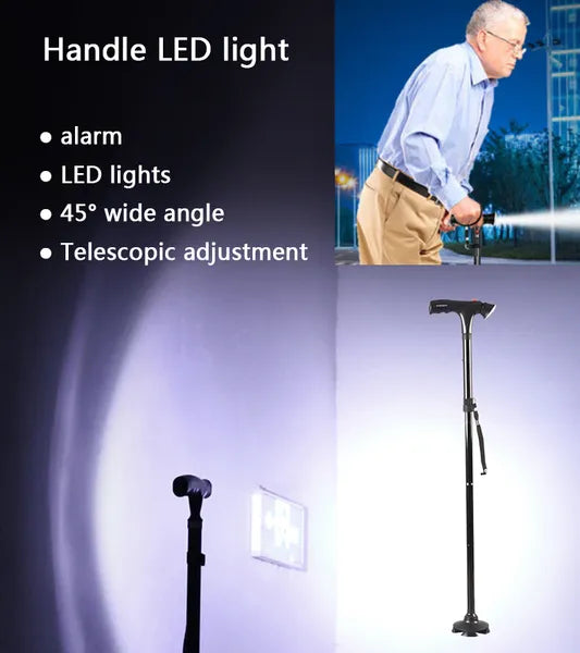 Collapsible Adjustable Height Walking Cane with LED Light & Alarm