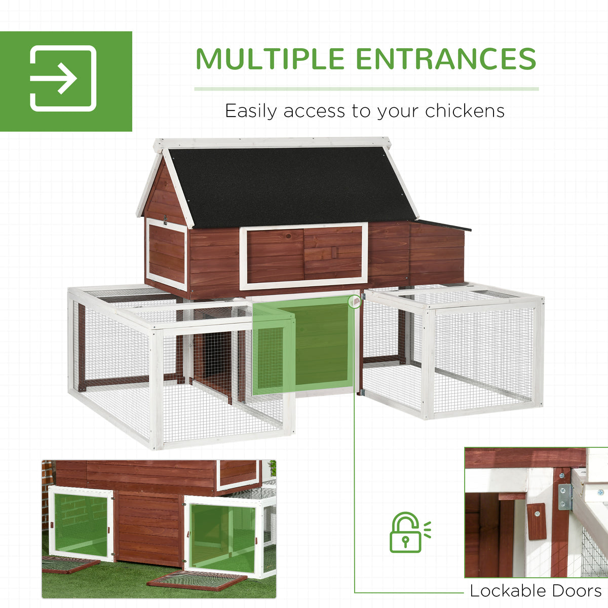 Wooden Chicken Coop with Nesting Box & Ramp - Outdoor Poultry Cage, Double Runs