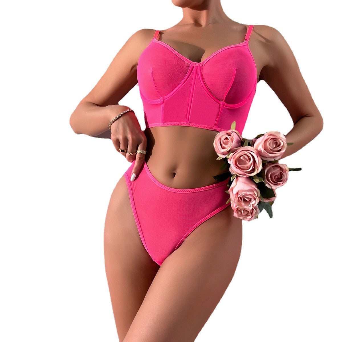 Women's Mesh Push-Up Underwear Set with Contrast Color Fishbone Design