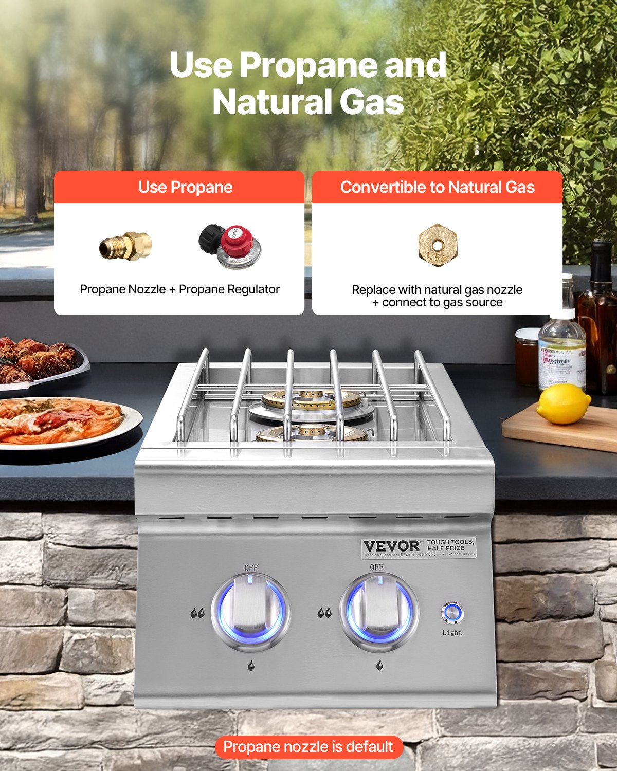 Outdoor Double Side Burner with 17,000 BTU Each - Propane & Natural Gas, Stainless Steel