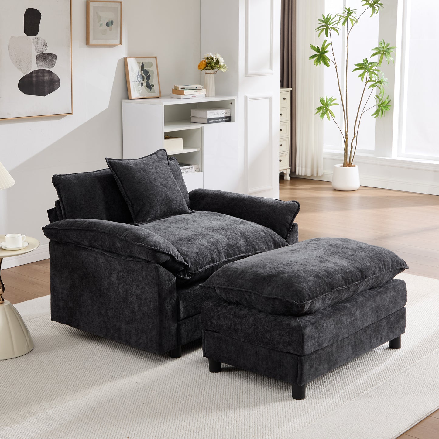 Modern Chenille Accent Chair with Ottoman - Black