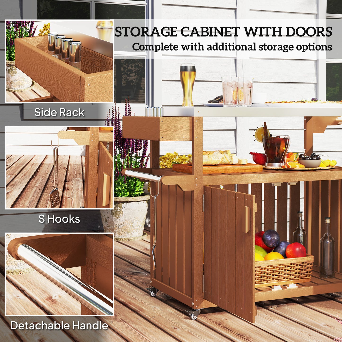 Outdoor Bar Cart with Stainless Steel Top & Storage - Brown