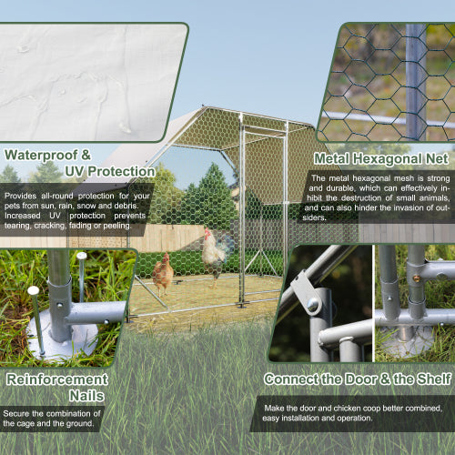 Large Walk-In Chicken Coop with Waterproof Cover - Metal Poultry Run 9.94 ft x 6.46 ft x 6.36 ft