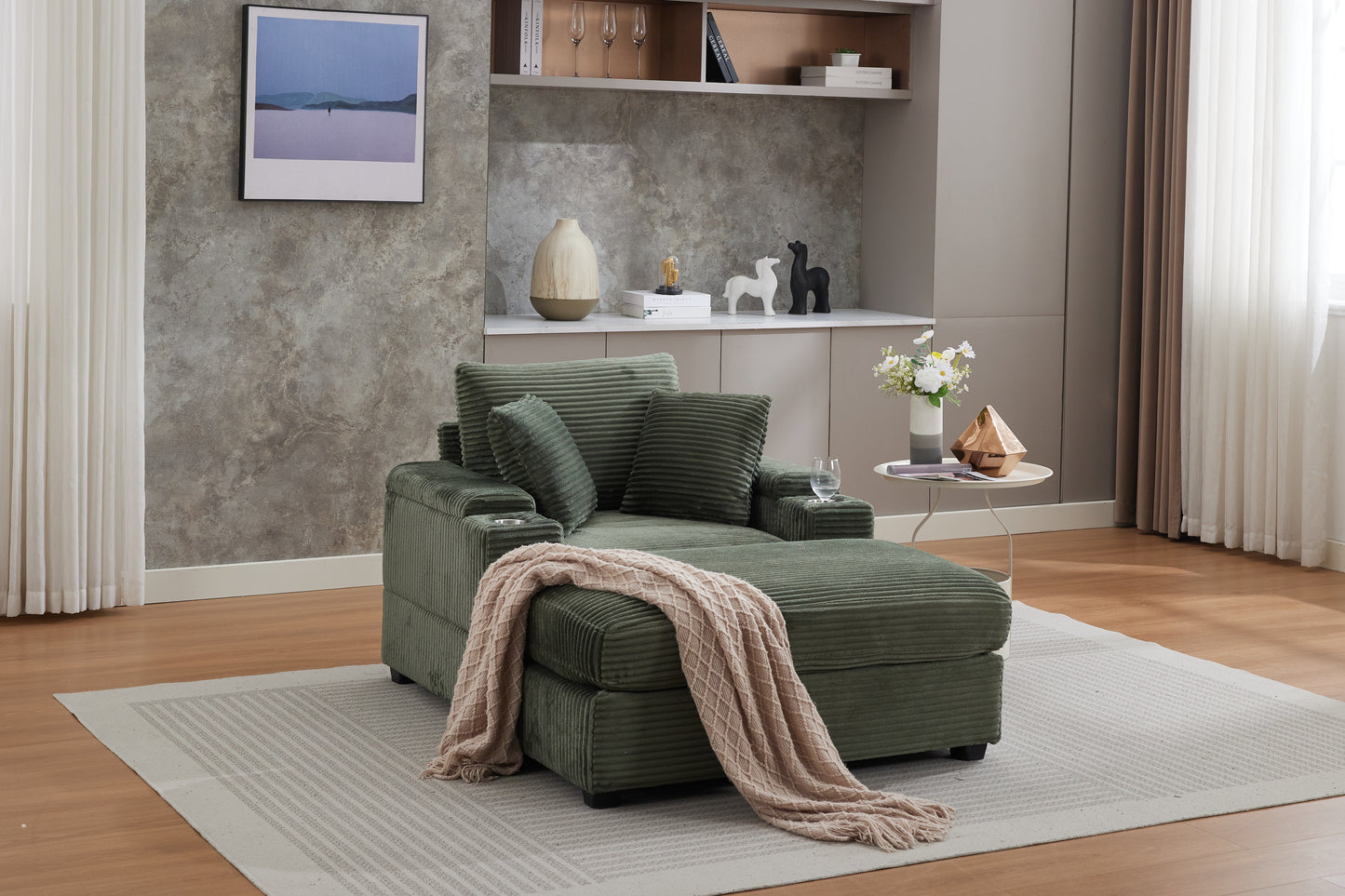 Corduroy Upholstered Chaise Lounge Sofa with Storage - Dark Green