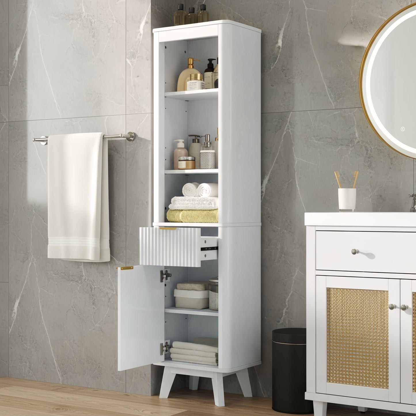 68" Tall Bathroom Storage Cabinet with Adjustable Shelves & Drawer - White