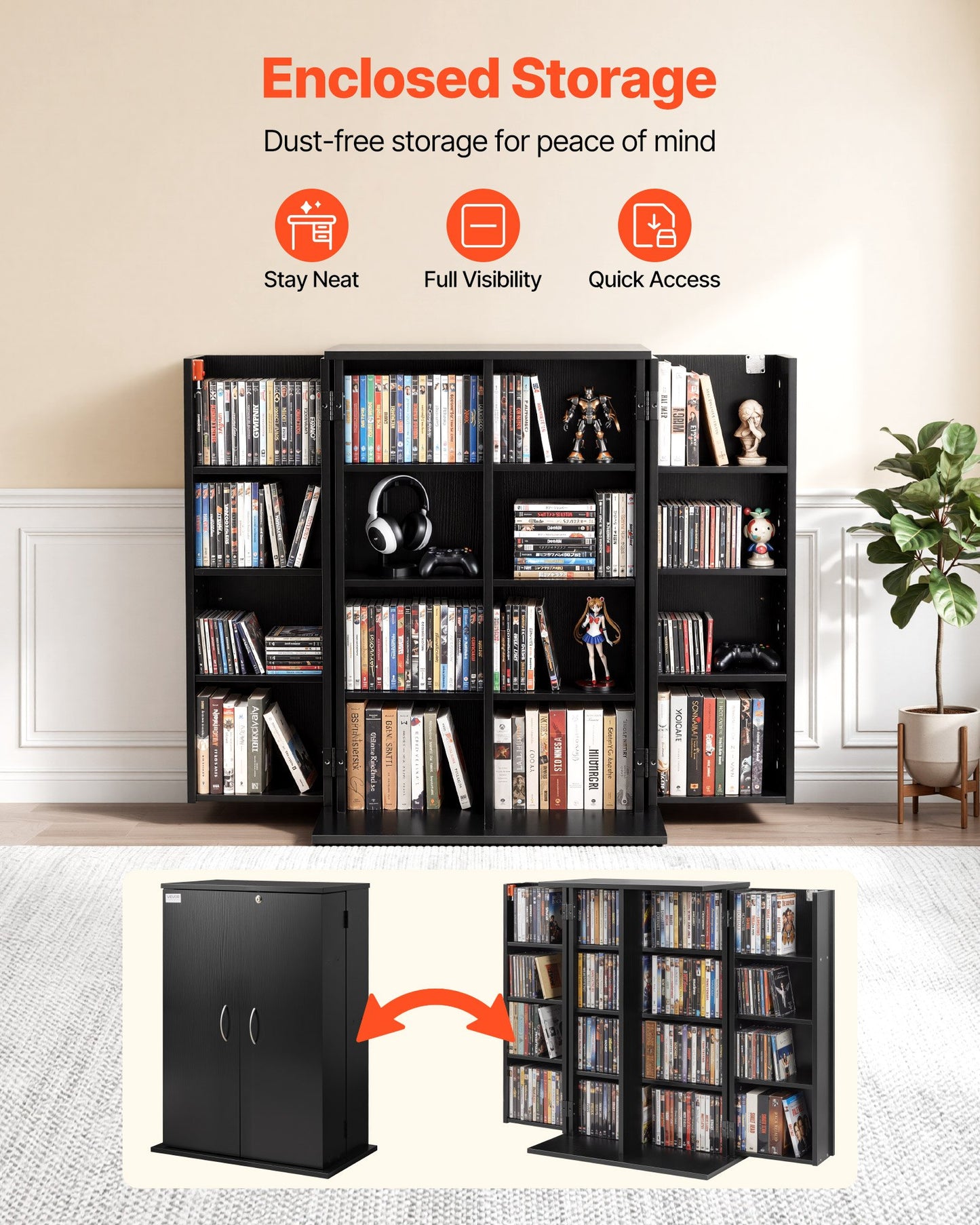 Media Storage Cabinet 4-Tier DVD Shelf Organizer for CDs, DVDs, Books – Black