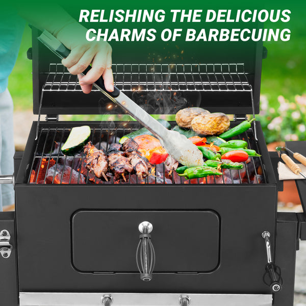 Heavy-Duty Charcoal Grill with Foldable Side Table and Wheels for Outdoor Cooking