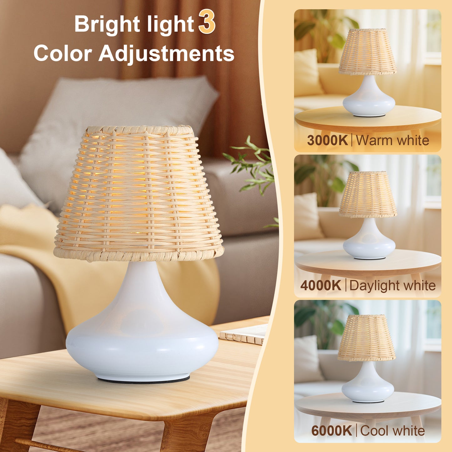 Dimmable White Bamboo Table Lamp with Iron Base - 3 Light Colors, Night Light
