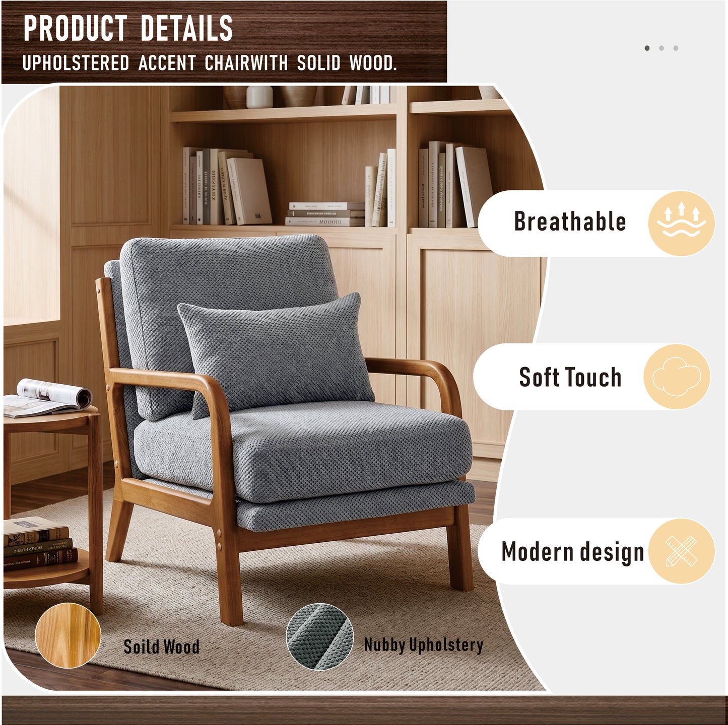 Mid-Century Modern Wooden Lounge Chair - Light Gray Upholstery