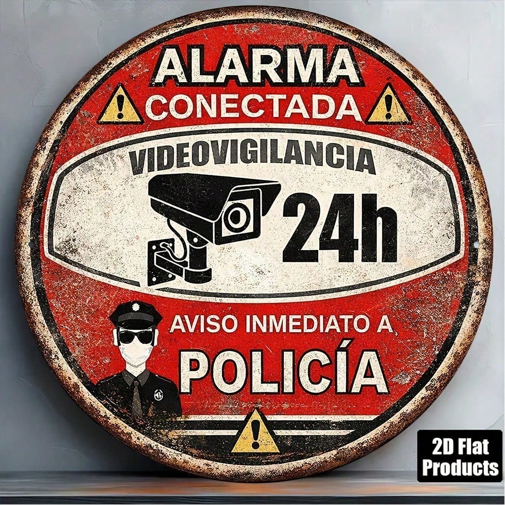 Vintage Spanish 24-Hour Video Surveillance Alarm Sign - Tin