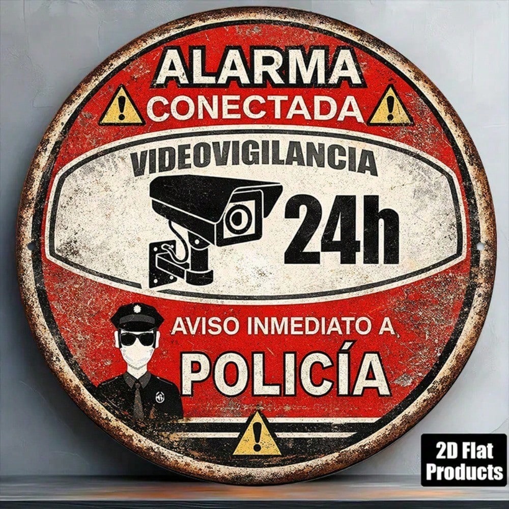 Vintage Spanish 24-Hour Video Surveillance Alarm Sign - Tin