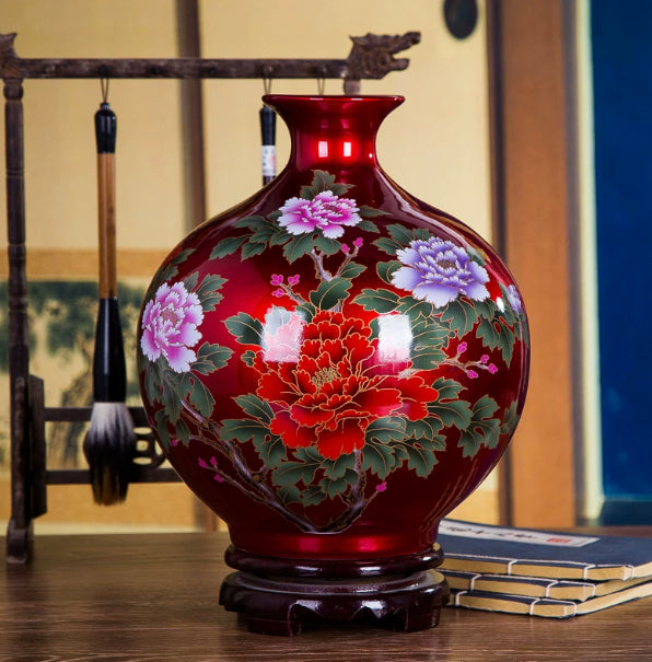 Ceramic Flowering Prosperity Peony Vase for Living Room Home Decor