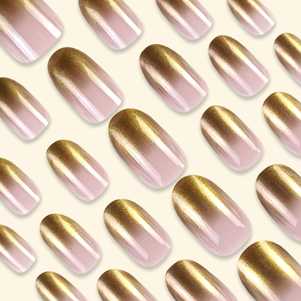 24 Pcs Short Oval Gold Gradient Nail Stickers with Glue & Nail File - Nail Art Kit