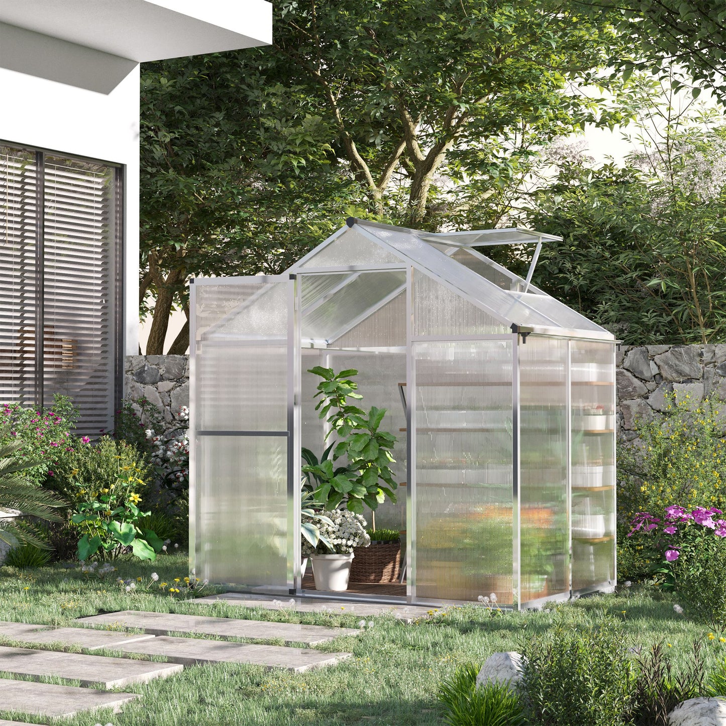 Walk-In Polycarbonate Greenhouse 4x6 ft with Roof Vent - Outdoor Garden Shelter