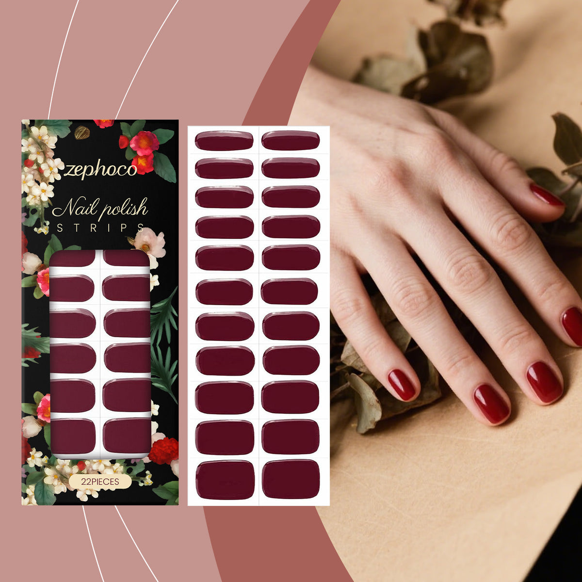 Waterproof Red Nail Stickers - Elegant 22-Piece Nail Art Decals