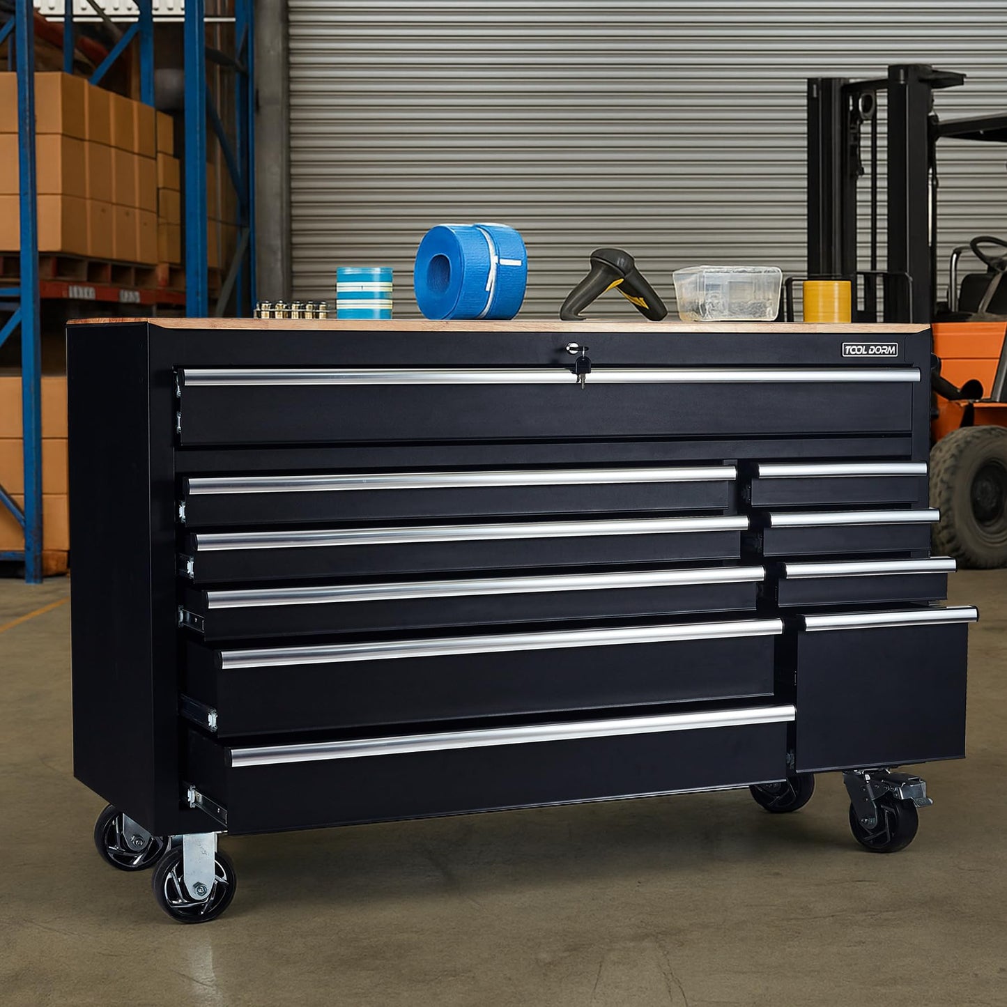 56-Inch 10-Drawer Steel Tool Cabinet with Locking Casters and Power Strip