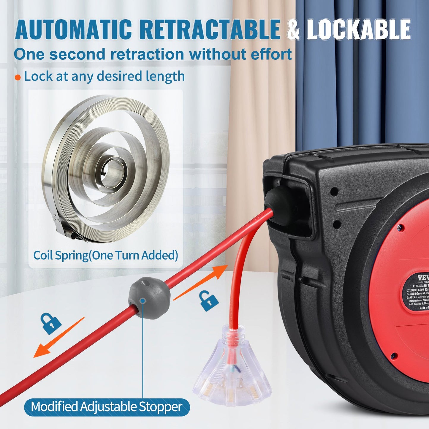 Heavy Duty Retractable Extension Cord Reel 80FT 12AWG Water-Resistant Power Cord