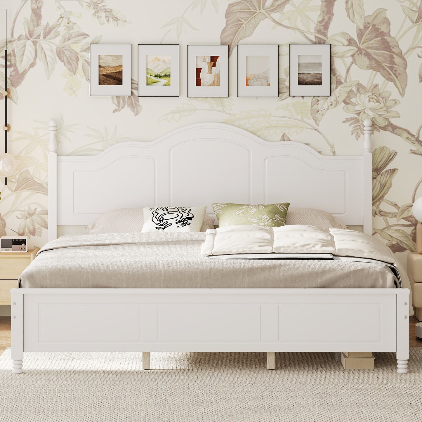 King Size Platform Bed Frame With Retro Wave Headboard, Wooden Slat