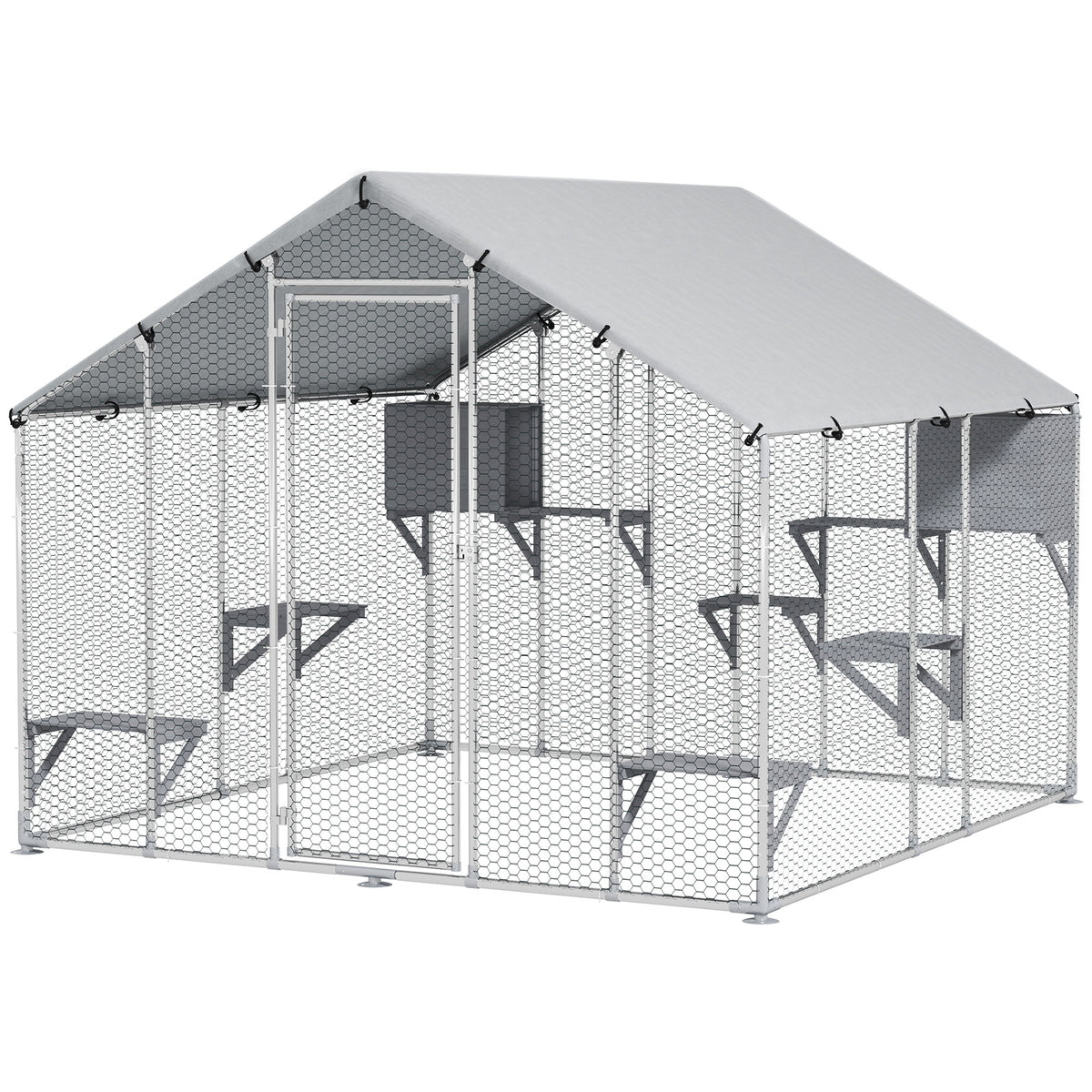 Large Metal Outdoor Catio with Waterproof Cover & Resting Boxes - Silver, 1950x350x175 mm