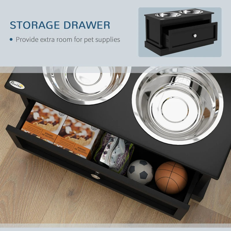 Raised Dog Feeder Stand with Storage Drawer - Black, Large Stainless Steel Bowls