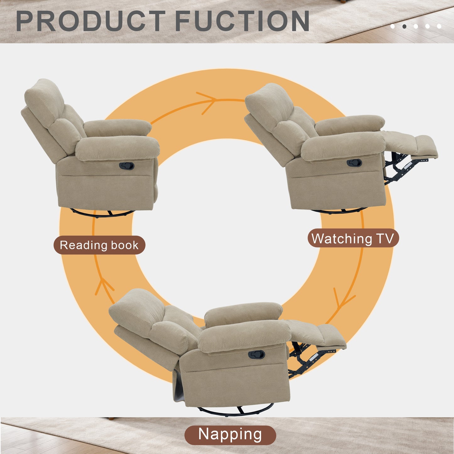 Modern Swivel Rocker Recliner Chair - Camel Fabric Armchair
