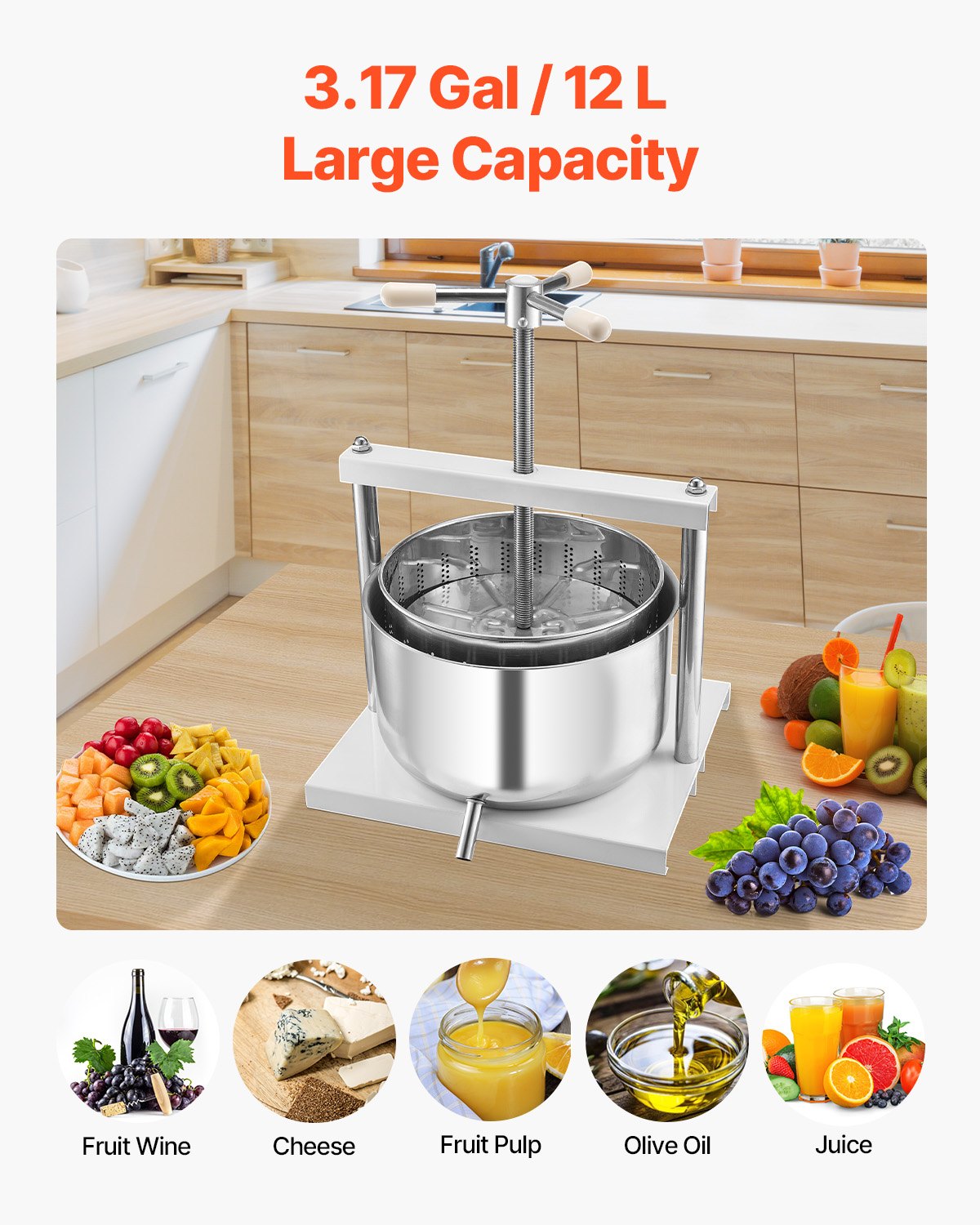 Manual Fruit Wine Press - 3.17 Gallon Stainless Steel Juicer