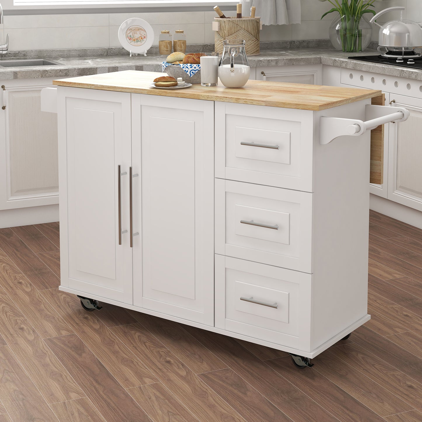 Kitchen Island with Spice Rack & Towel Rack - White