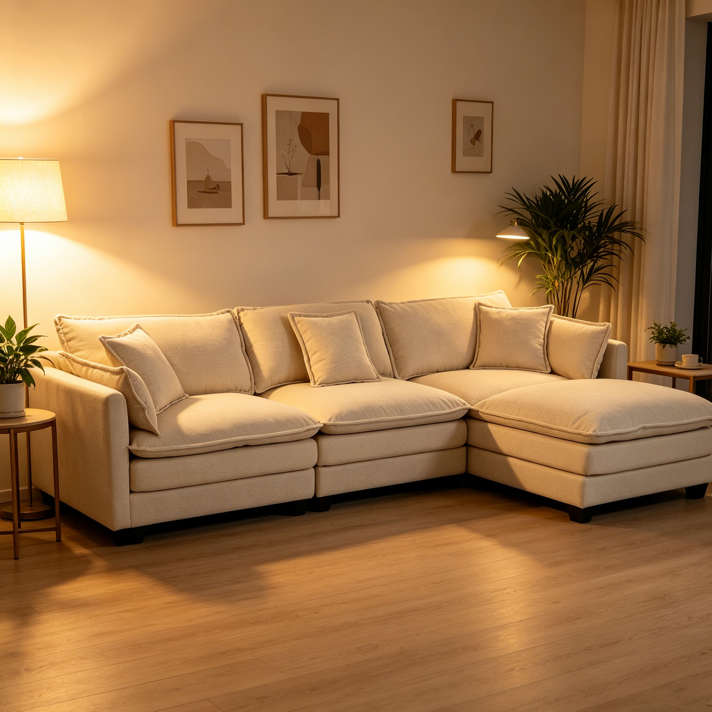 Modern 3-Seat Sectional Sofa with Ottoman - Antique White