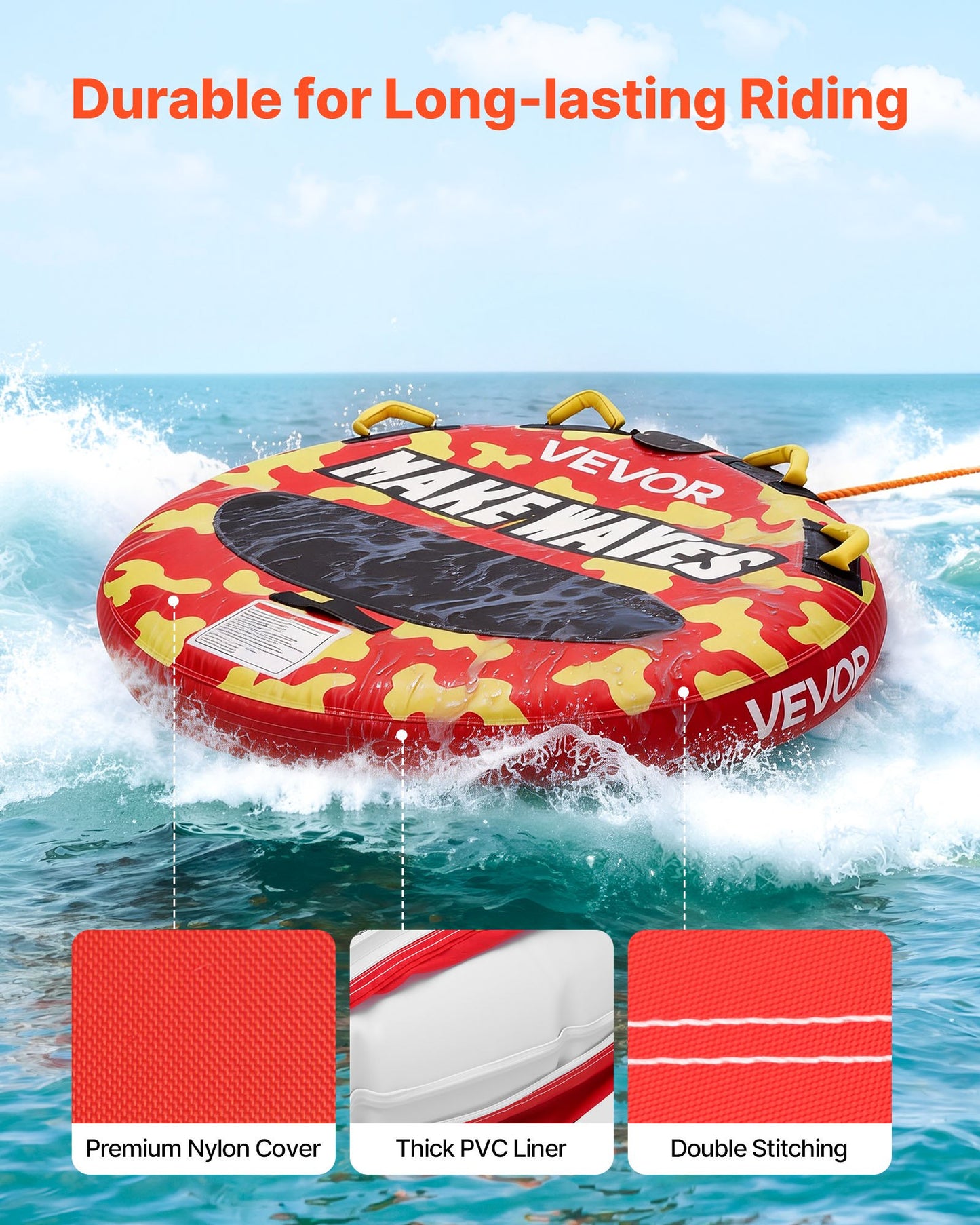 2-Person Inflatable Towable Tube for Boating - 340lb Capacity Water Sport Tube with Padded Handles & Anti-Slip Pad