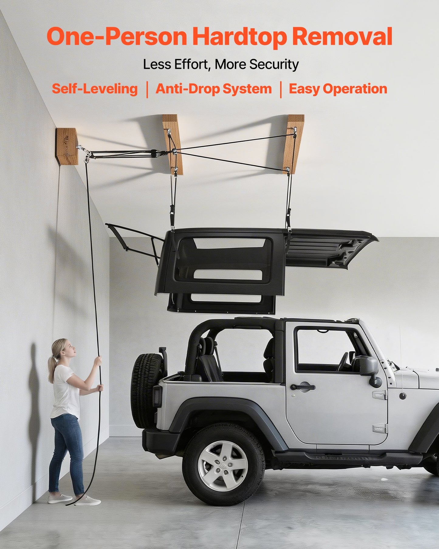 Jeep Hardtop Removal Lift with Anti-Drop System - Supports 220 lbs, Black