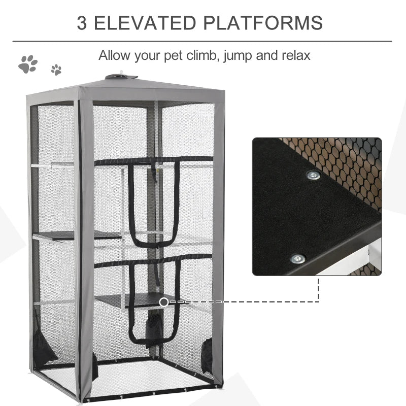 Outdoor Cat Enclosure Mesh Playpen with Steel Frame, 3 Platforms & 2 Doors