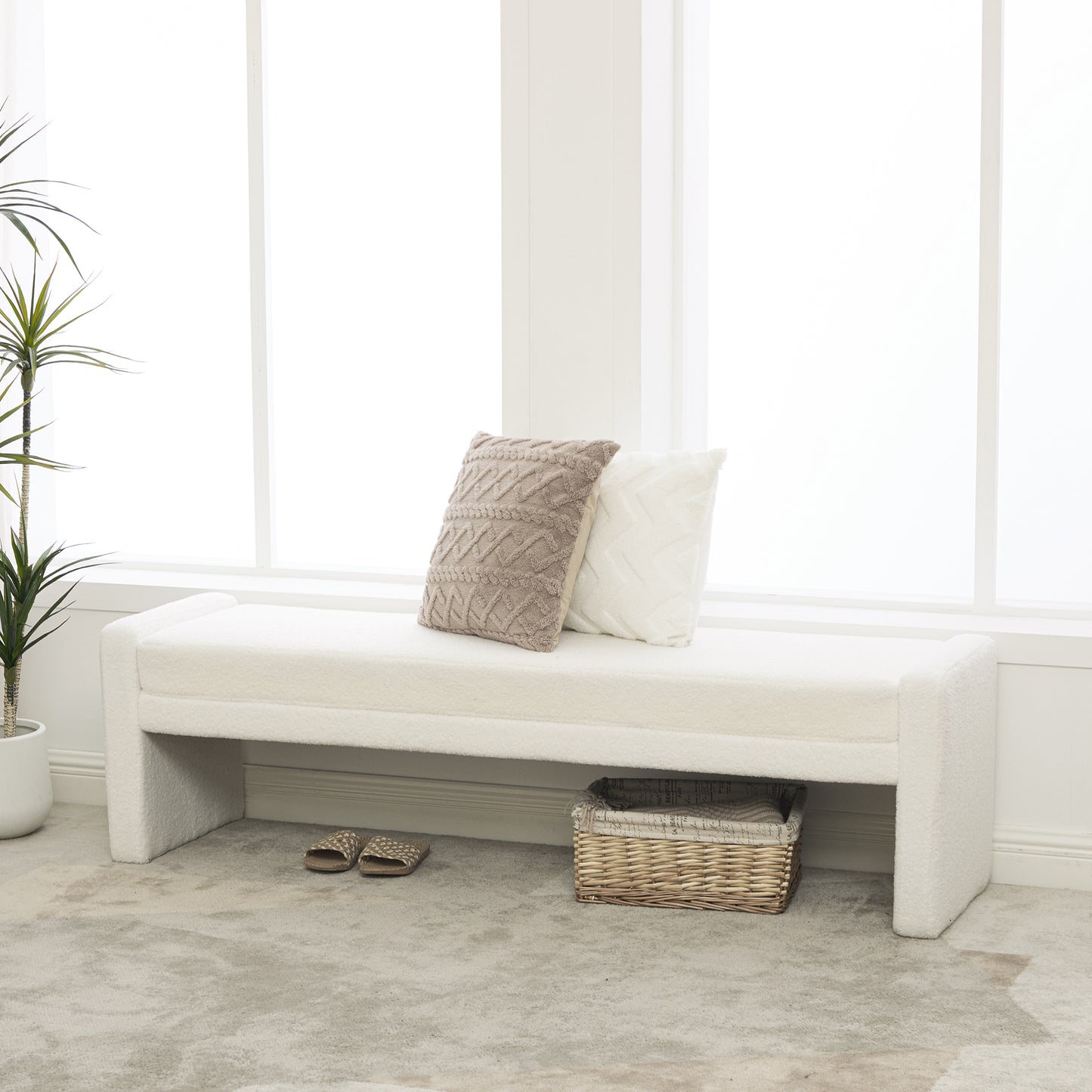 66.9" Modern Upholstered Cozy Boucle Bench - Ivory