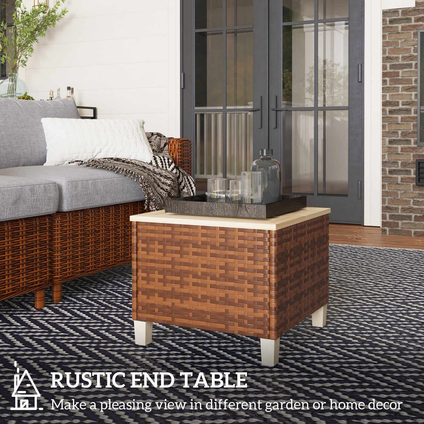 Outdoor Side Table with PE Rattan & Natural Fir Wood Top - Brown