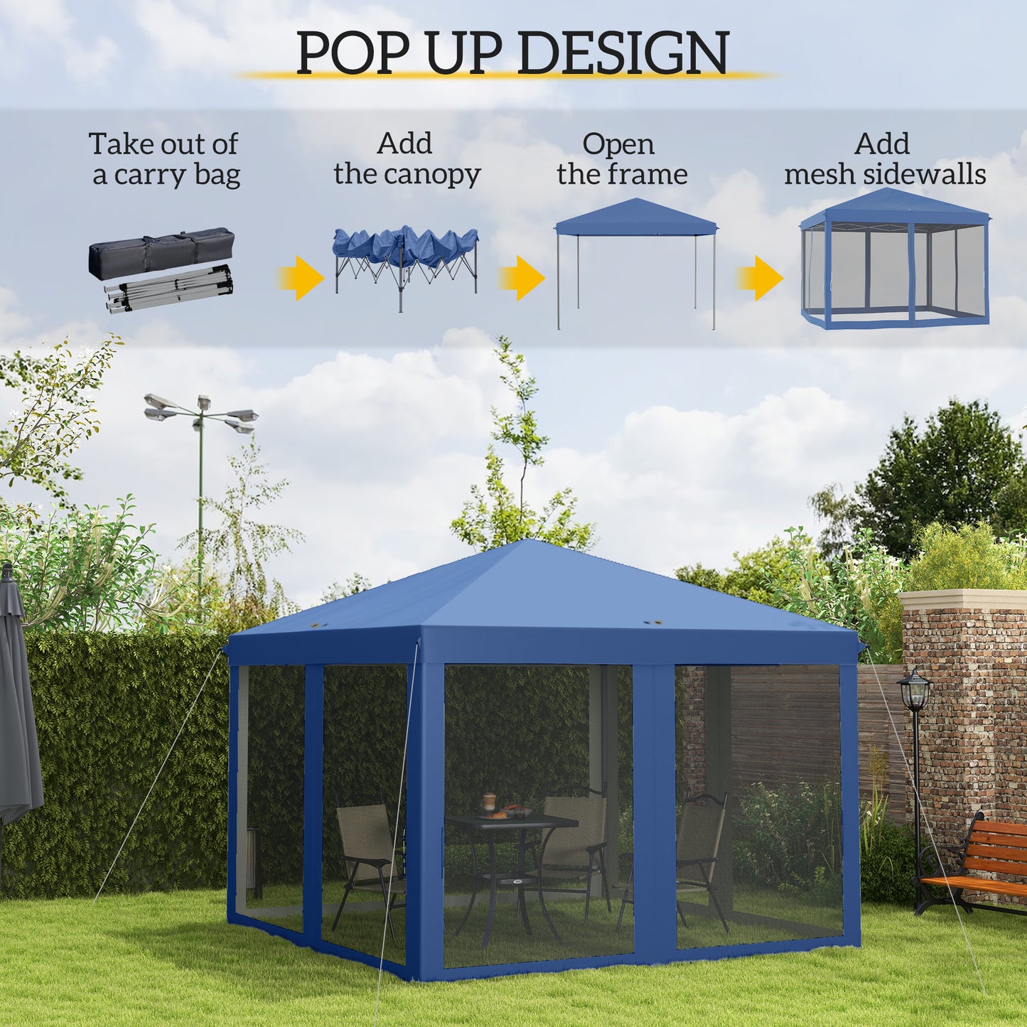 10x10 Pop Up Canopy Tent with Netting - Adjustable Height, Blue