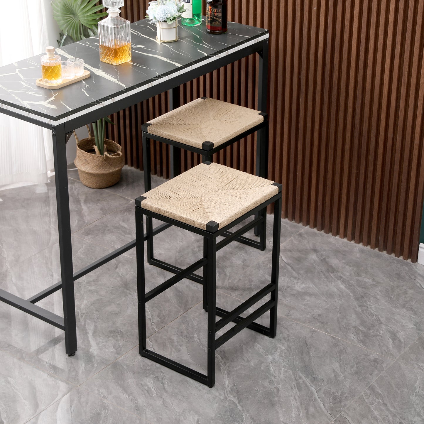 Set of 2 Backless Bar Stools - Natural Paper Rope Woven Chairs