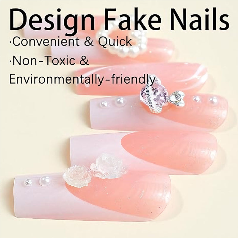 24-Piece Planet Pearl Flower Press-On Nails - Long Square Fake Nail Tips