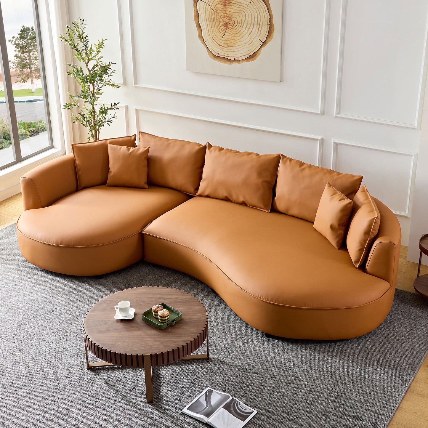 Curved 5-Seat Sofa Couch in Orange Eco-Leather for Living Room