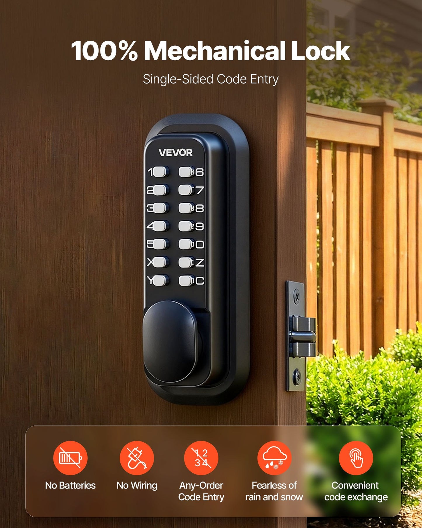 Mechanical Keyless Entry Door Lock - 4-7 Digit Code, Auto Lock, Black