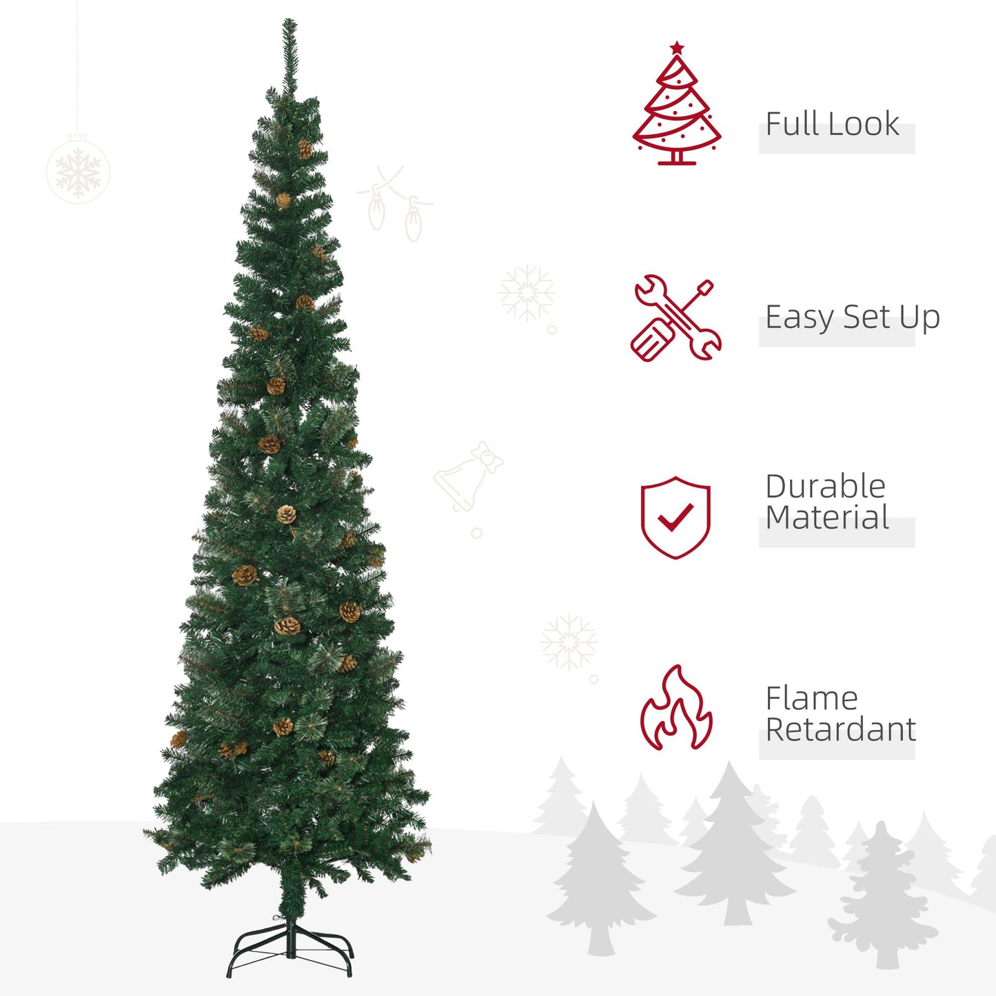 7.5ft Pencil Christmas Tree - Artificial with Pine Needles & Cones