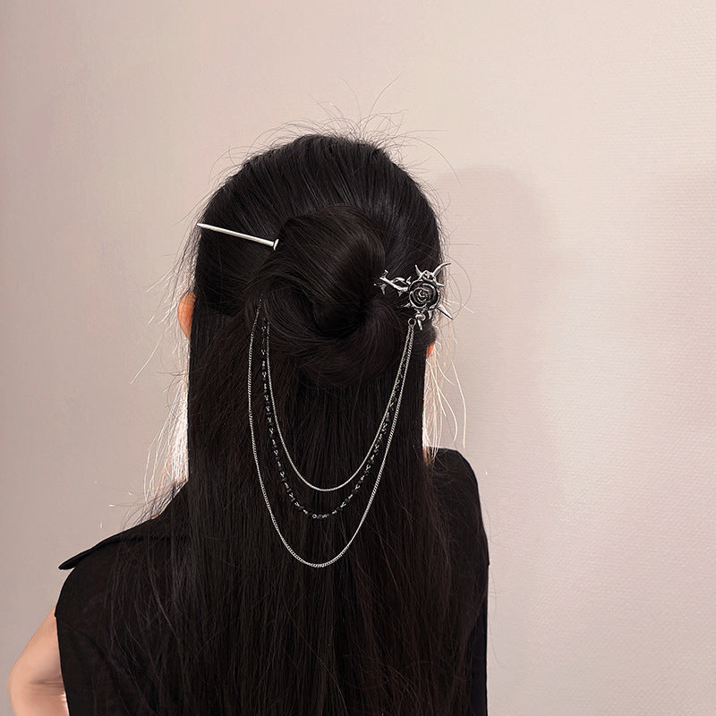 Rose Flower Chain Hairpin - Korean Style Metal Hair Stick