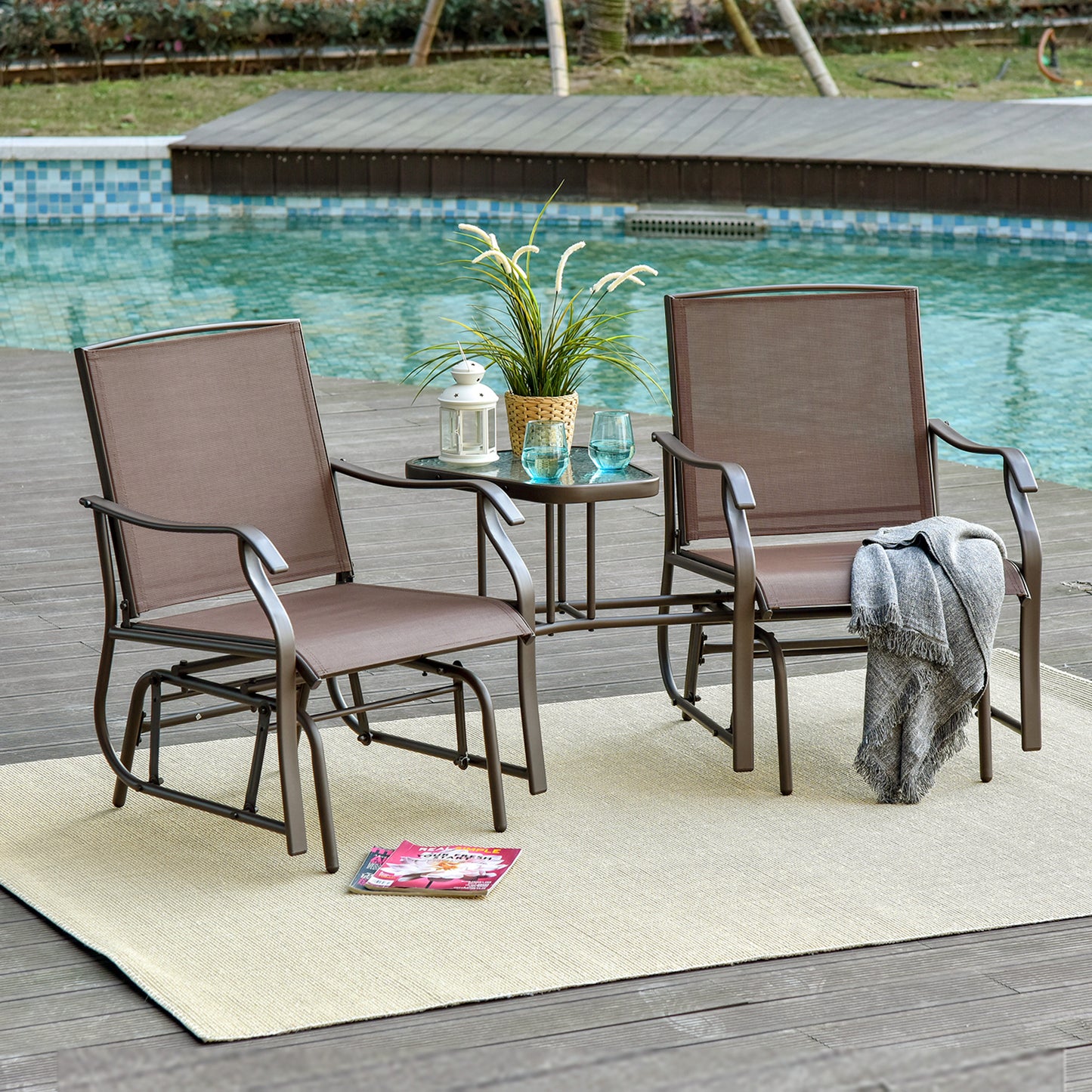 Outdoor Glider Chair and Coffee Table Set - 2-Seater Swing Loveseat