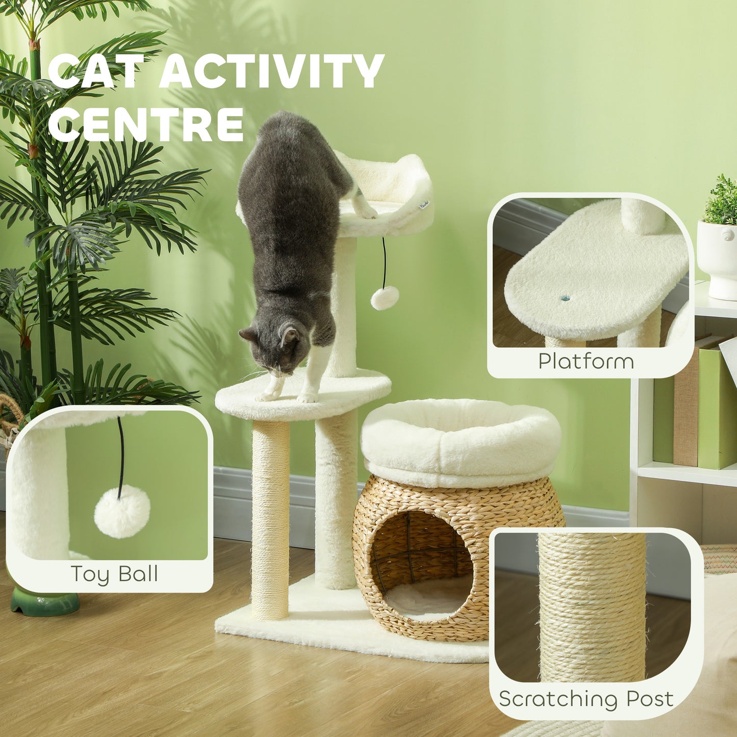 31-Inch Cat Tree Tower with Scratching Posts, Condo, Beds & Toy Ball - Cream White