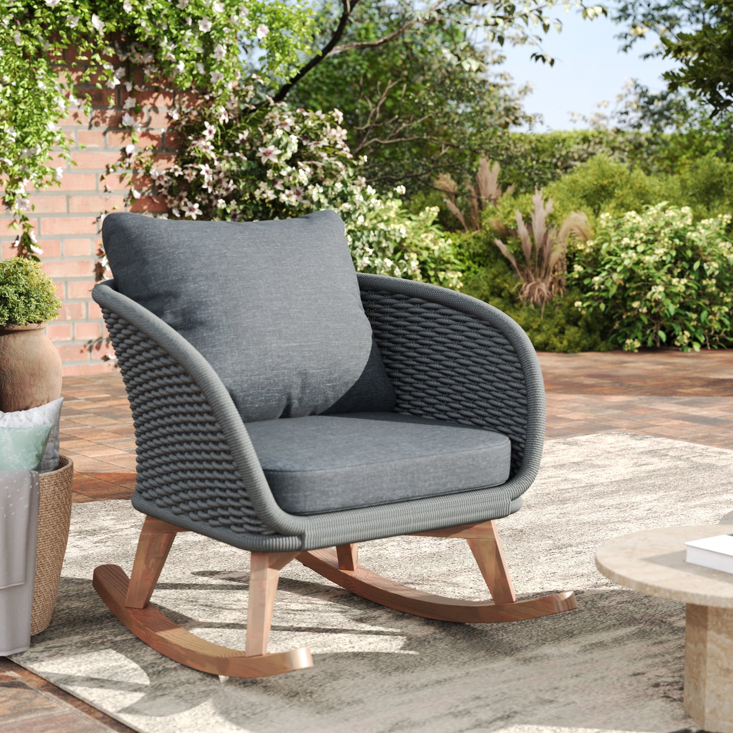 29.5 Contemporary Minimalist Gray Wicker Rocking Chair With Soft