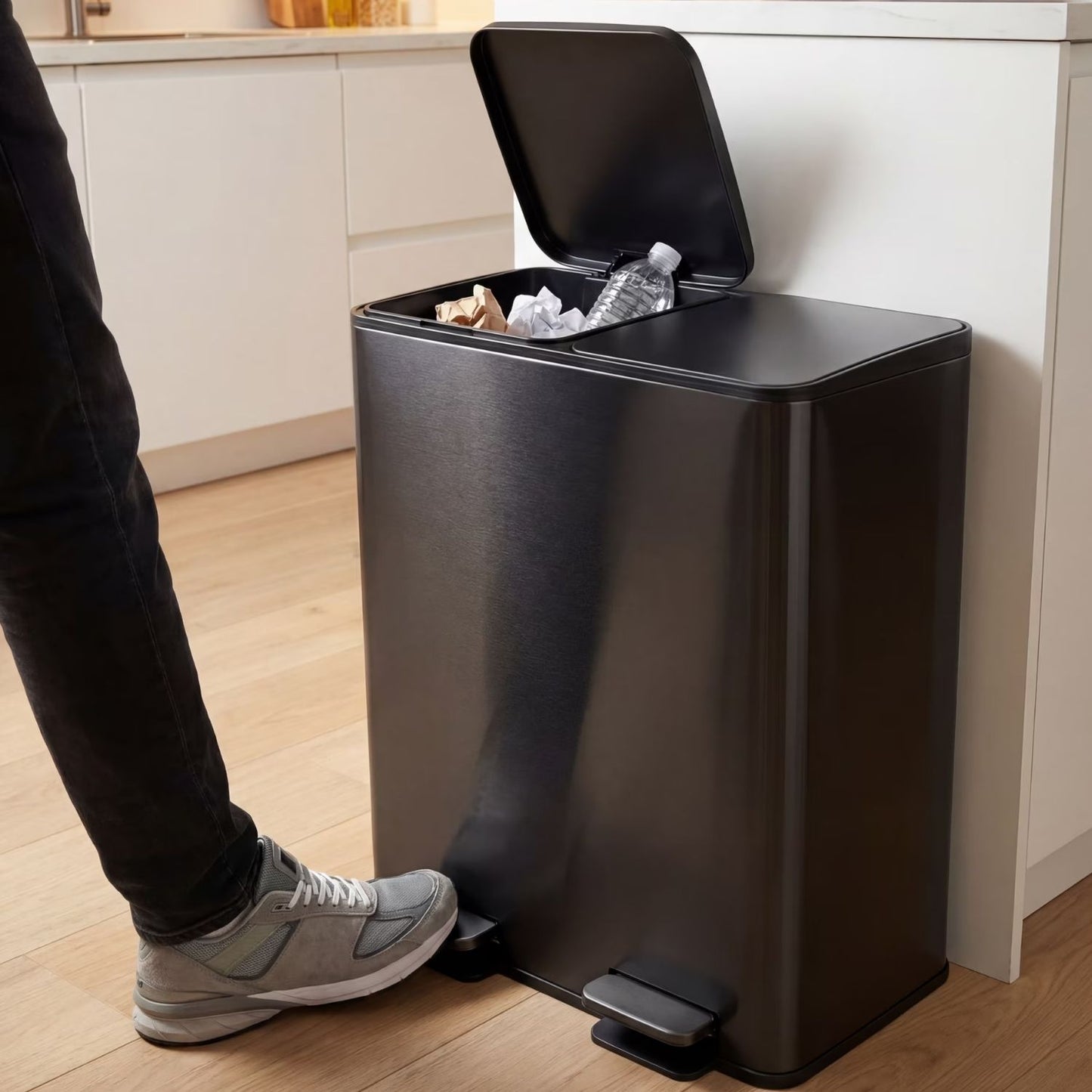 Dual Bin Trash Can, Foot Pedal Kitchen Recycling Bin, Soft-Close Lid