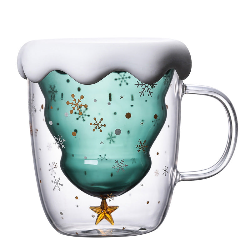 Christmas Tree Mug Double Walled Borosilicate Glass Cup with Handle - Holiday Drinkware